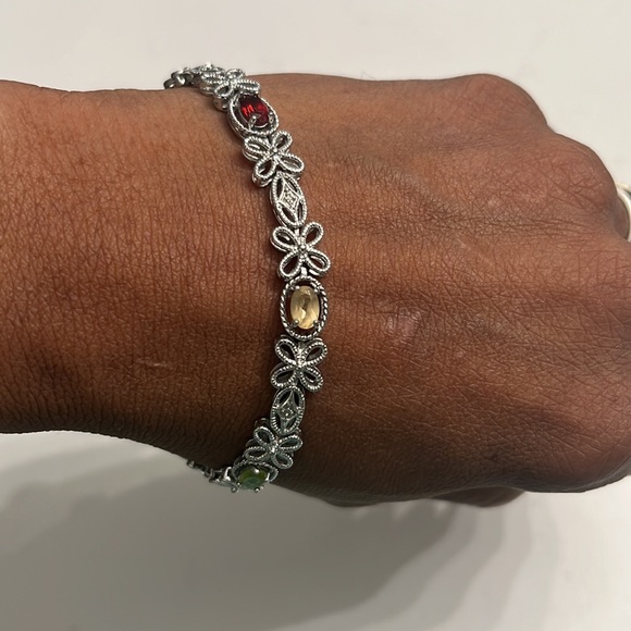 Vintage PAJ BB China Silver Tone Floral Gemstone Bracelet - Picture 6 of 9